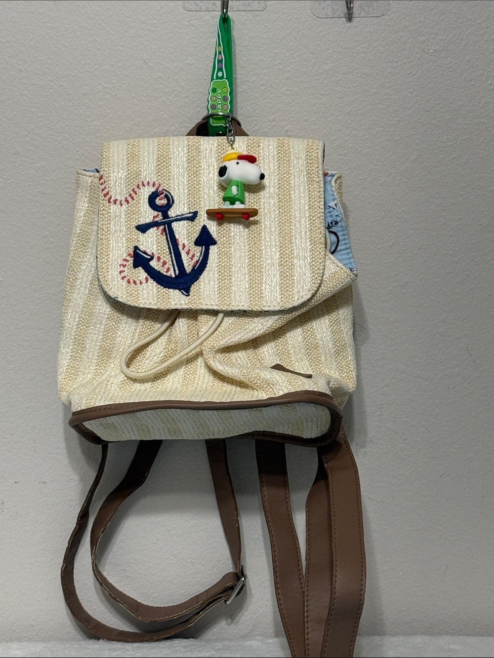 Vera Bradley Cream Straw Backpack with Navy Anchor Accent